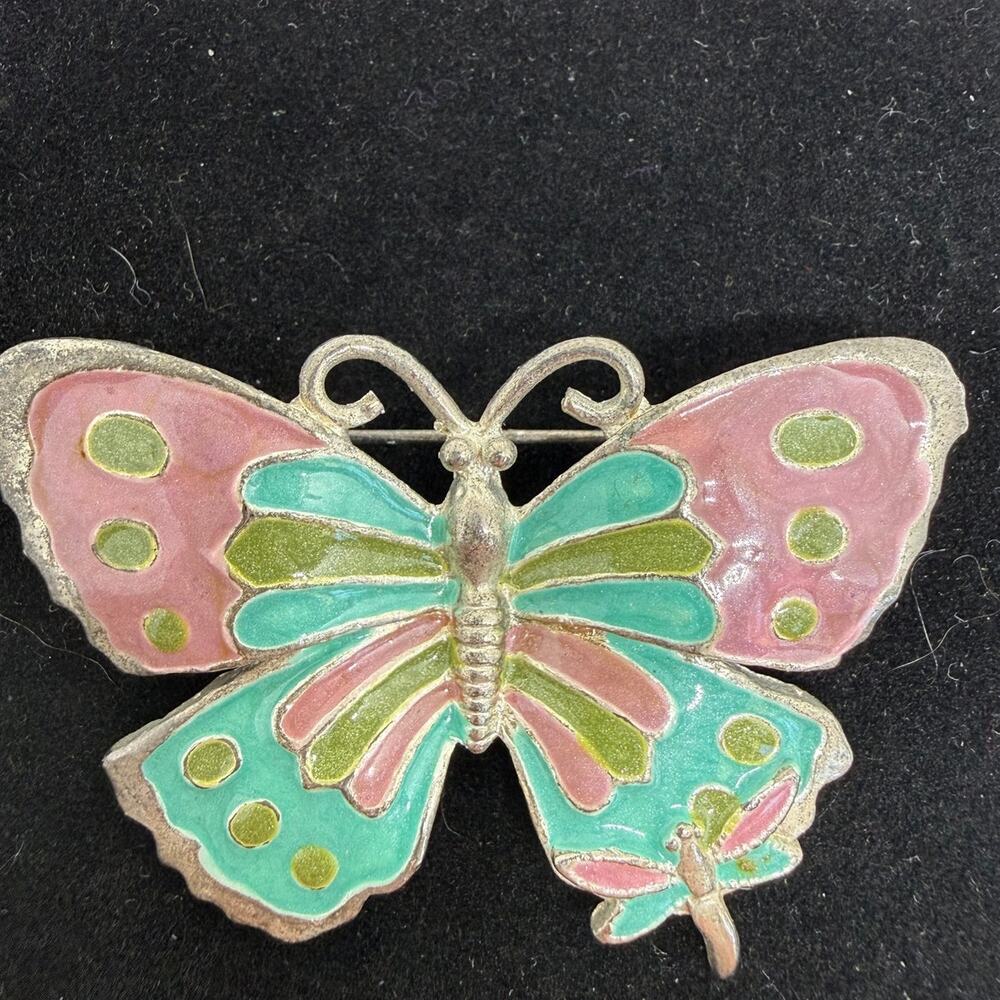 VINTAGE Butterfly Brooch Fairycore Enamel Dragonfly Pink Green Silver Statement